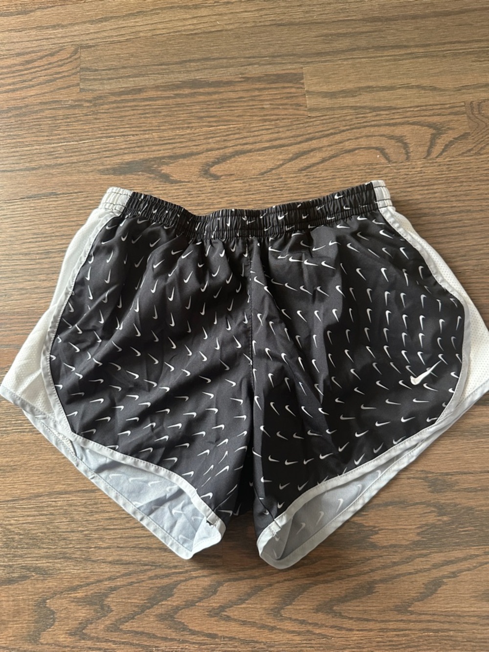 Nike Girls Black Athletic Running Shorts with White Swoosh Print